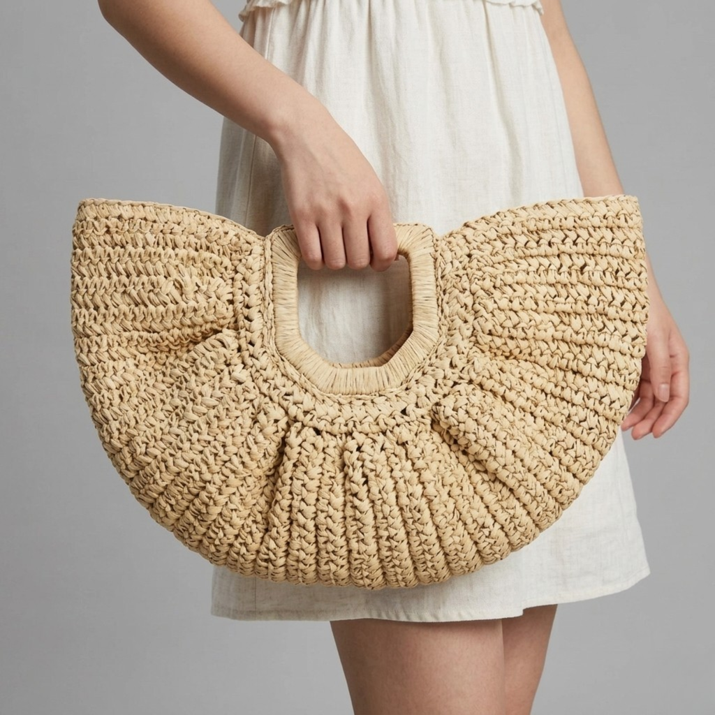 Bolso de Playa Capazo de Rafia Semicircular con Asa