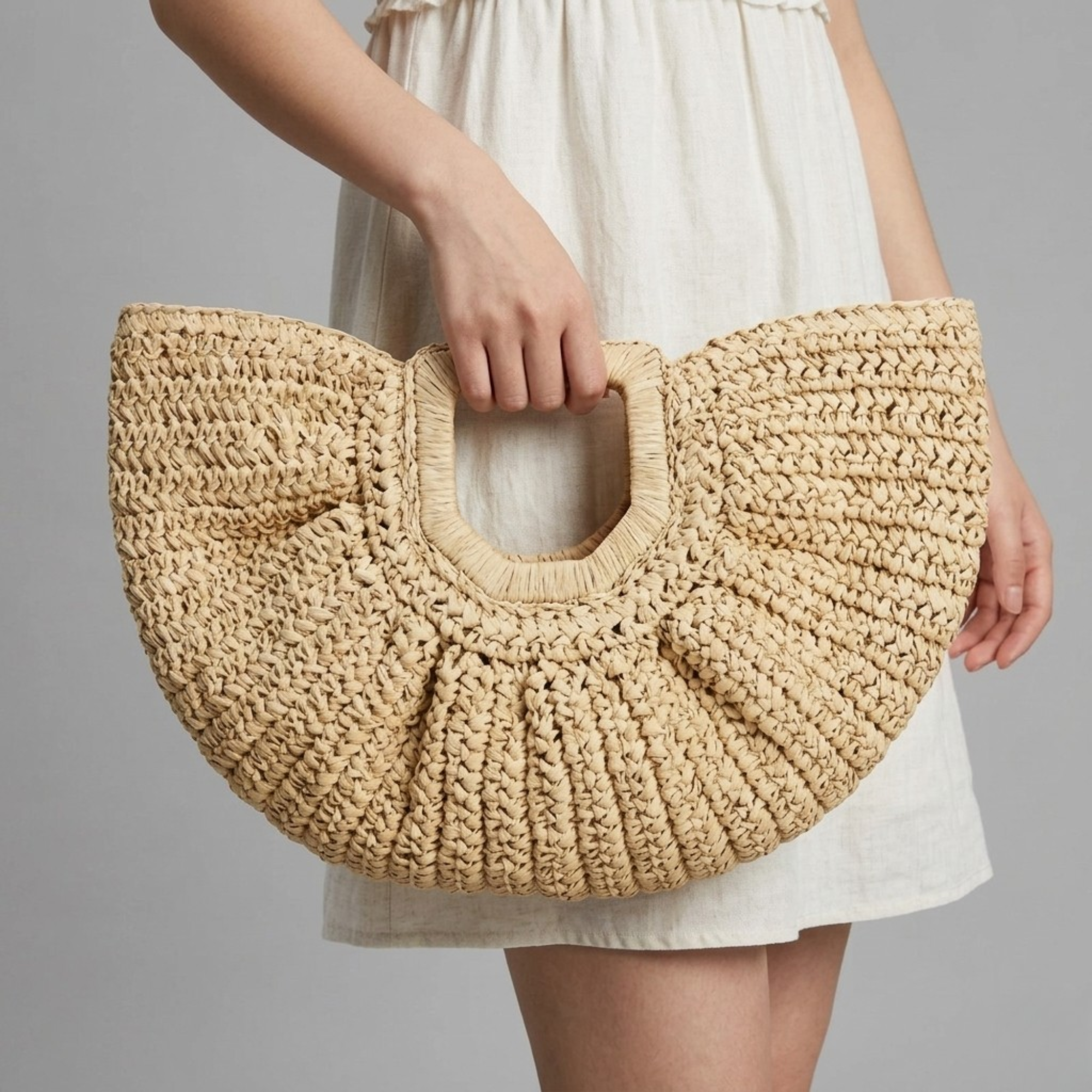 Bolso de Playa Capazo de Rafia Semicircular con Asa