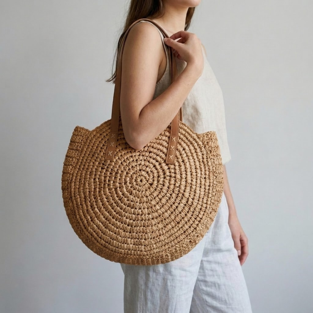 Bolso de Playa Capazo Circular de Rafia Natural Artesanal