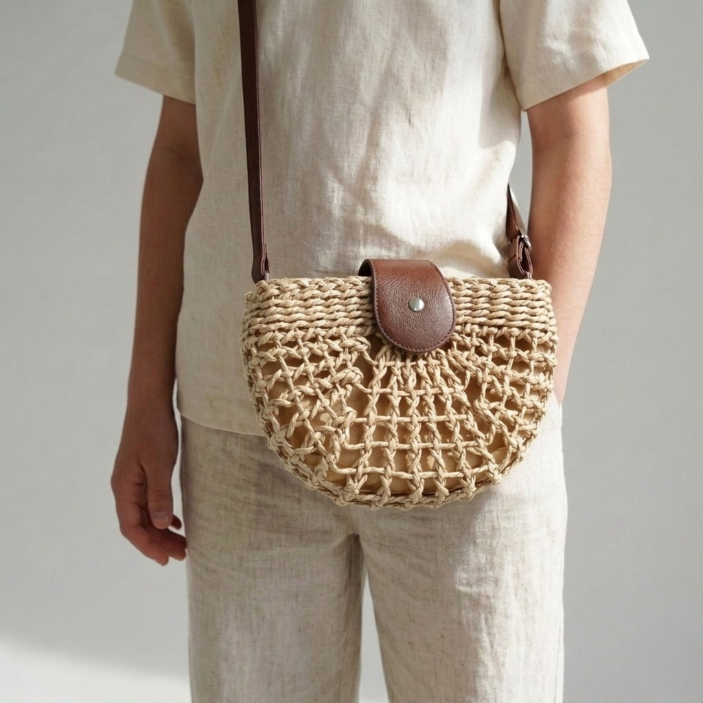 Bolso de Playa Bandolera Semicircular de Rafia y Paja Boho
