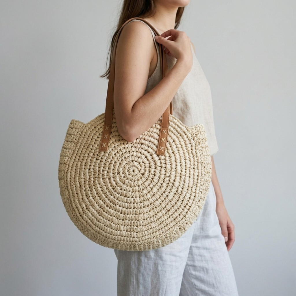 Bolso de Playa Capazo Circular de Rafia Natural Artesanal