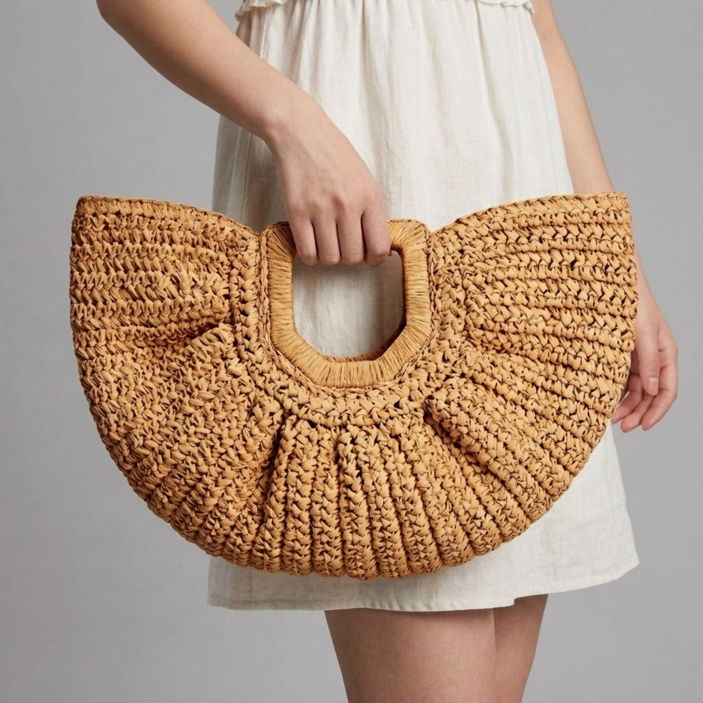 Bolso de Playa Capazo de Rafia Semicircular con Asa