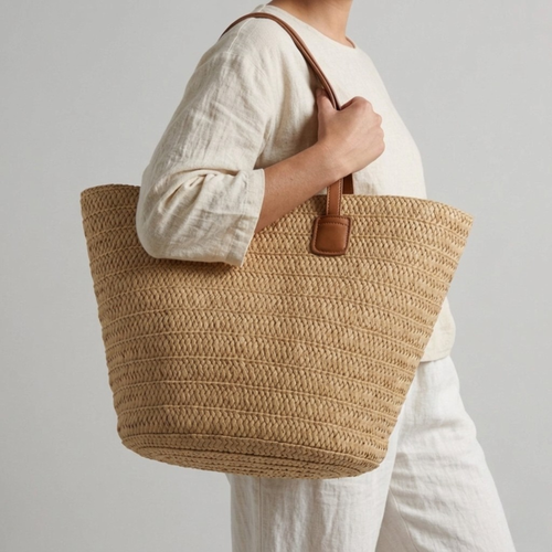 Bolso Capazo Cesta de Paja Trenzada de Rafia para Verano y Playa