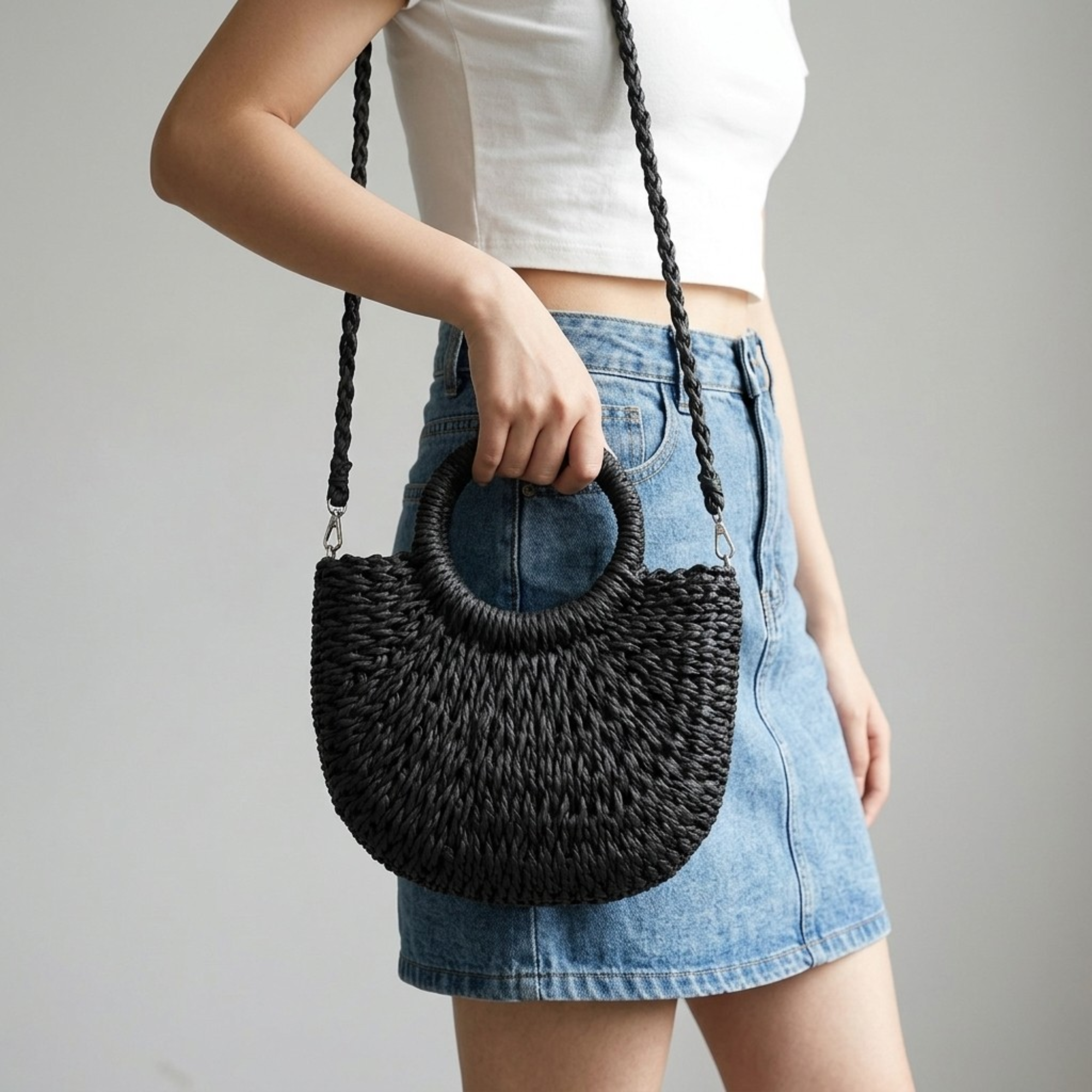 Bolso Capazo Media Luna de Rafia Bandolera Artesanal de Playa