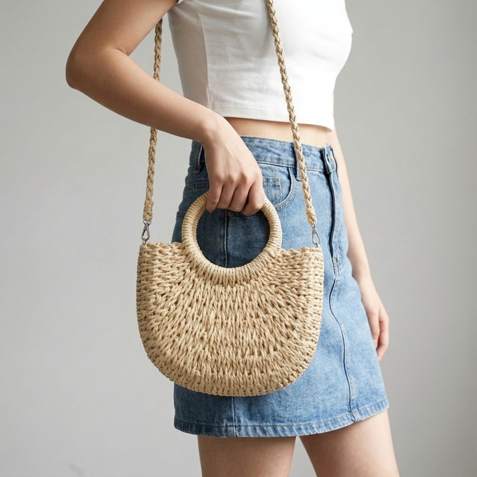 Bolso Capazo Media Luna de Rafia Bandolera Artesanal de Playa