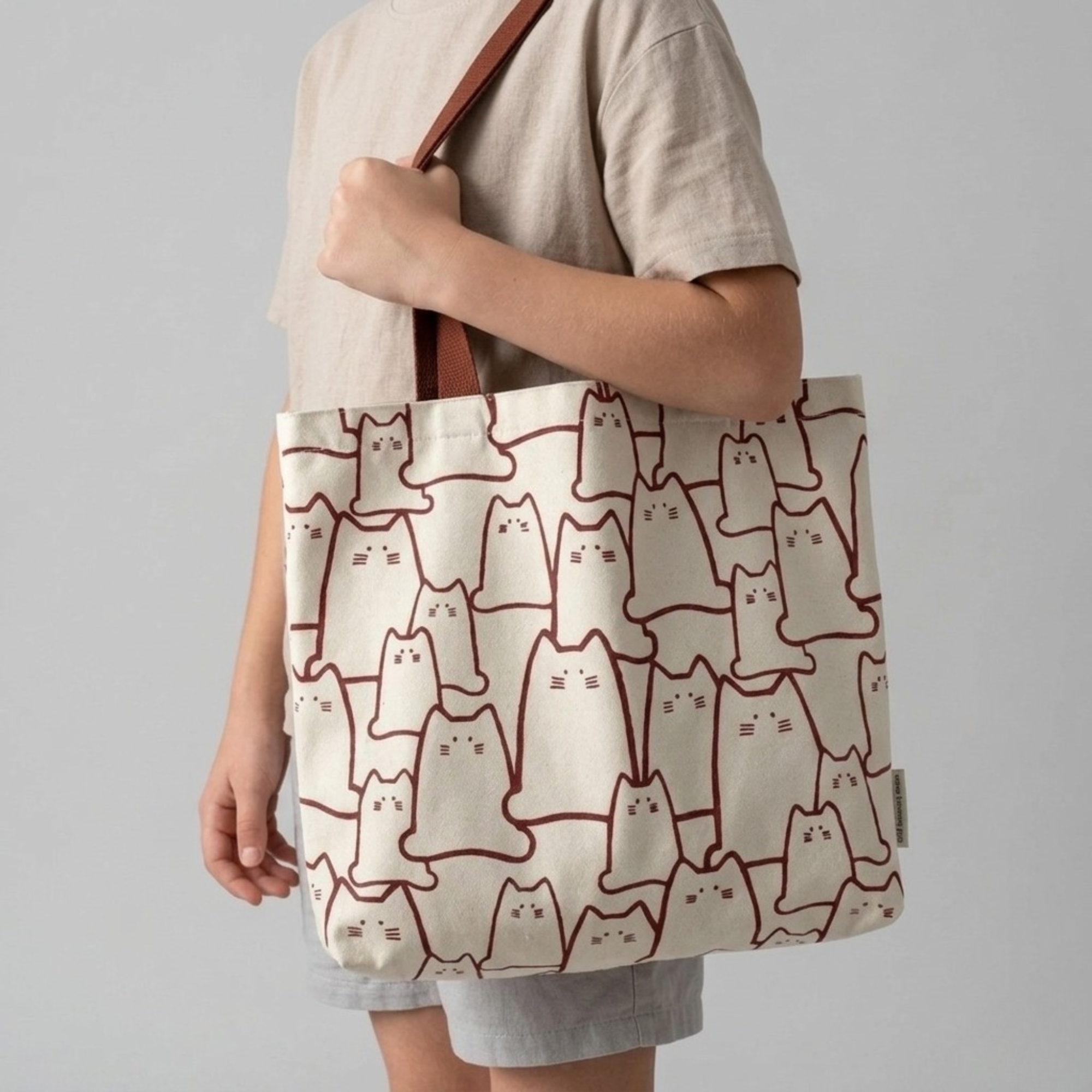 Bolso Tote de Lona Estampado de Gato Japonés