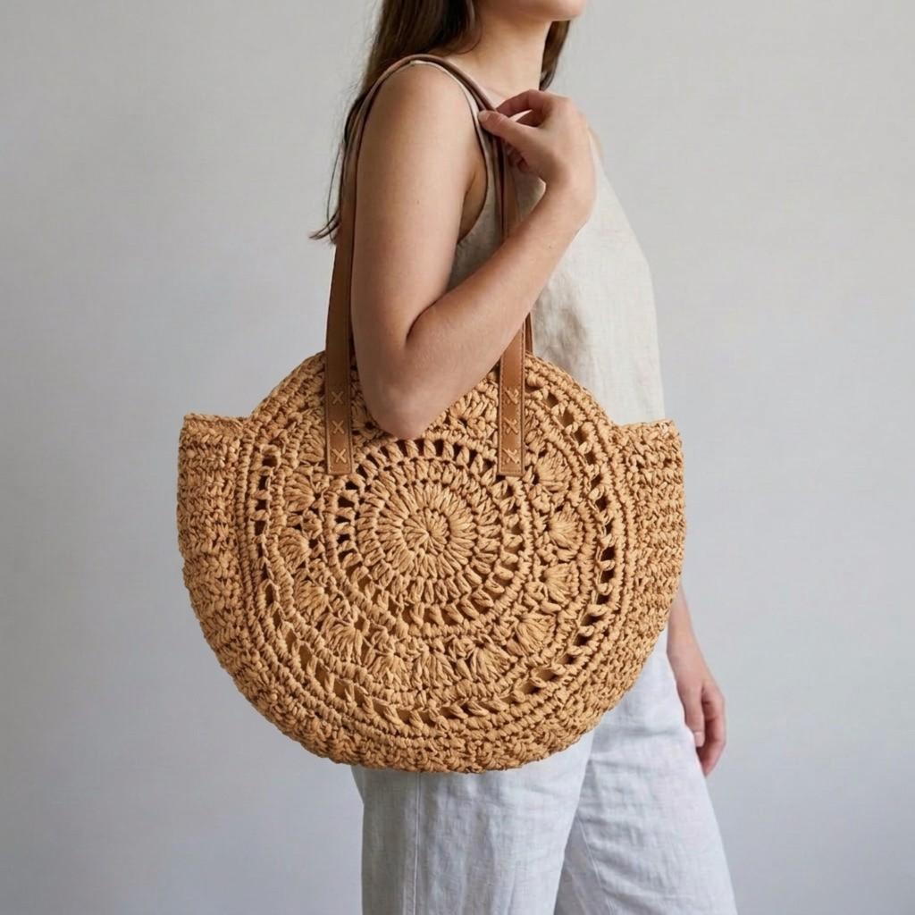 Bolso de Playa Capazo Redondo de Rafia Trenzada Circular Grande