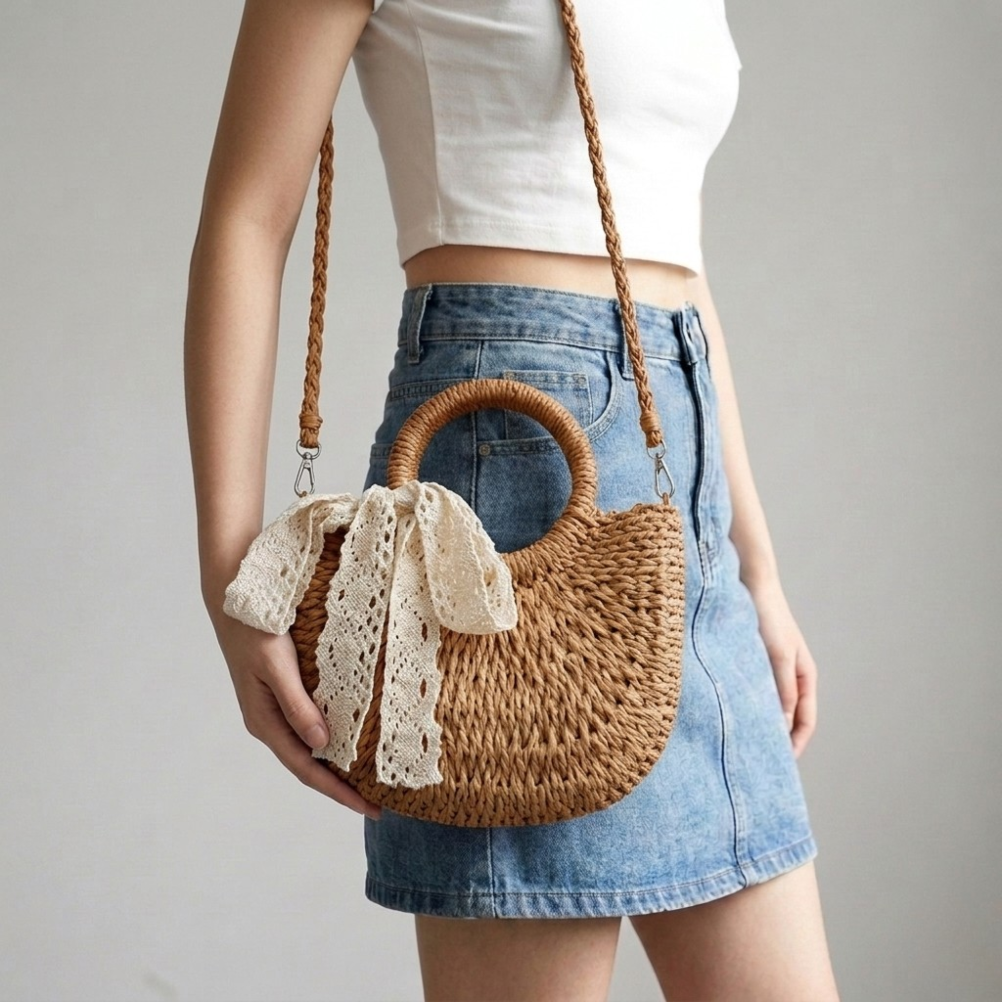Bolso Capazo Media Luna de Rafia Bandolera Artesanal de Playa
