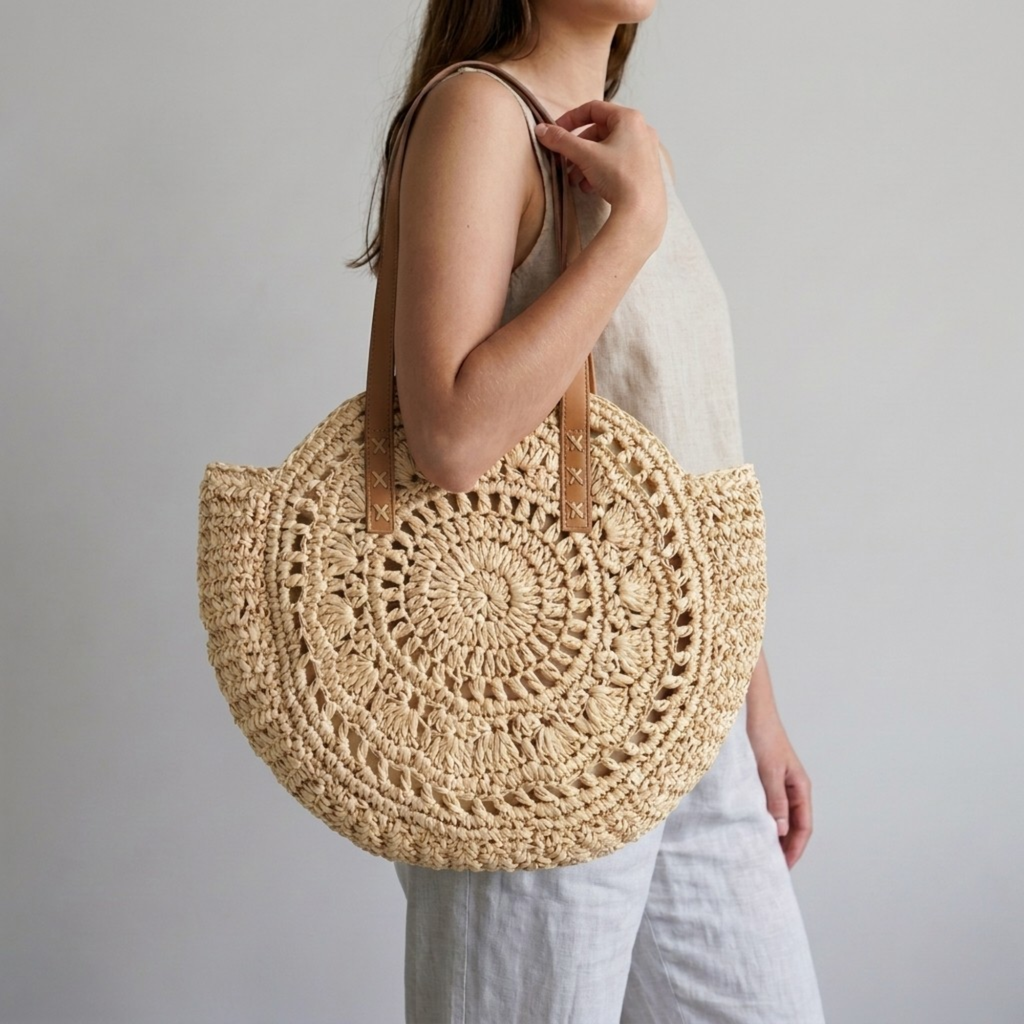 Bolso de Playa Capazo Redondo de Rafia Trenzada Circular Grande