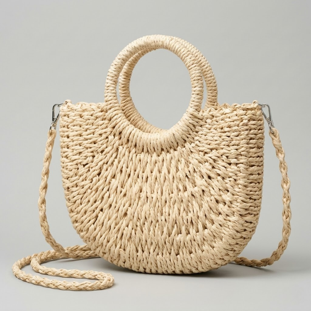 Bolso Capazo Media Luna de Rafia Bandolera Artesanal de Playa