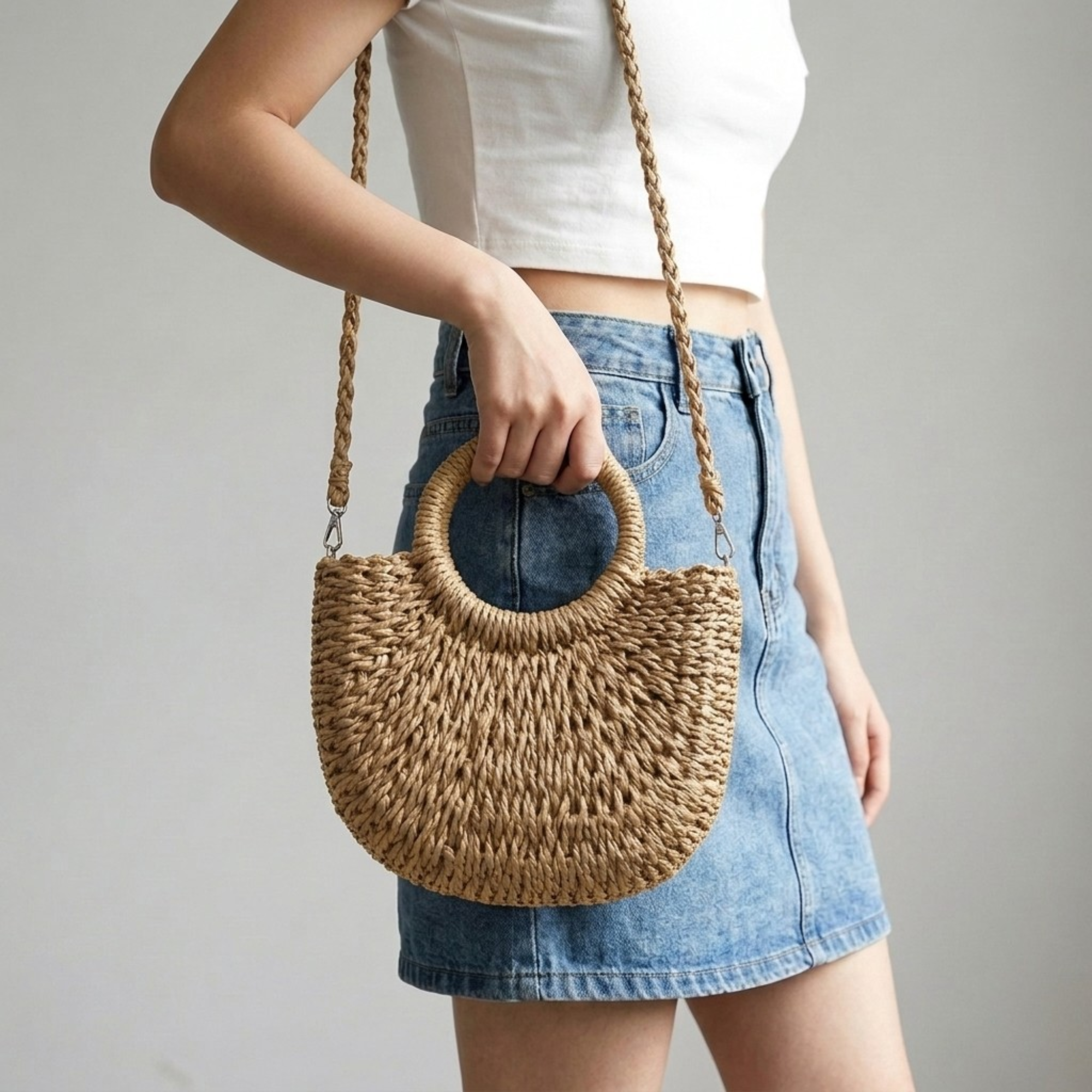 Bolso Capazo Media Luna de Rafia Bandolera Artesanal de Playa