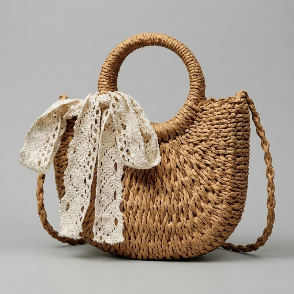 Bolso Capazo Media Luna de Rafia Bandolera Artesanal de Playa