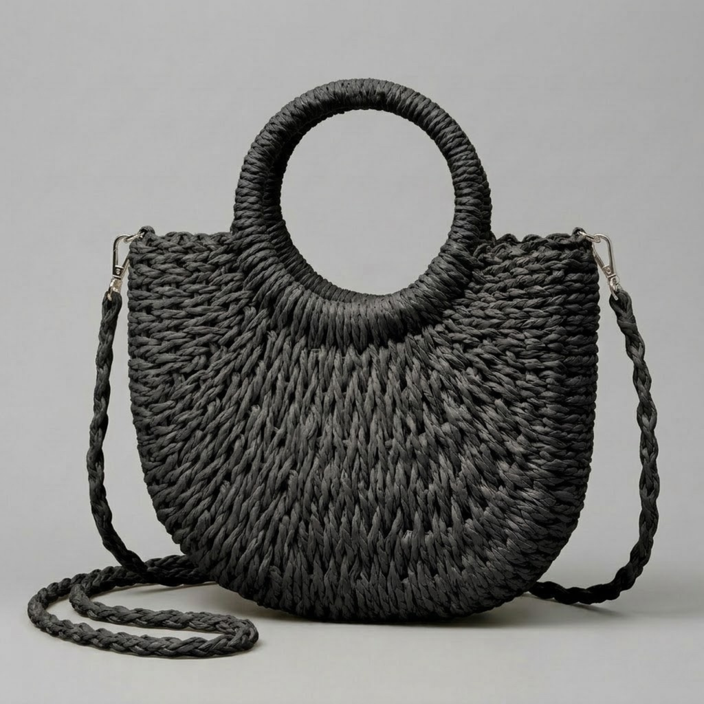 Bolso Capazo Media Luna de Rafia Bandolera Artesanal de Playa