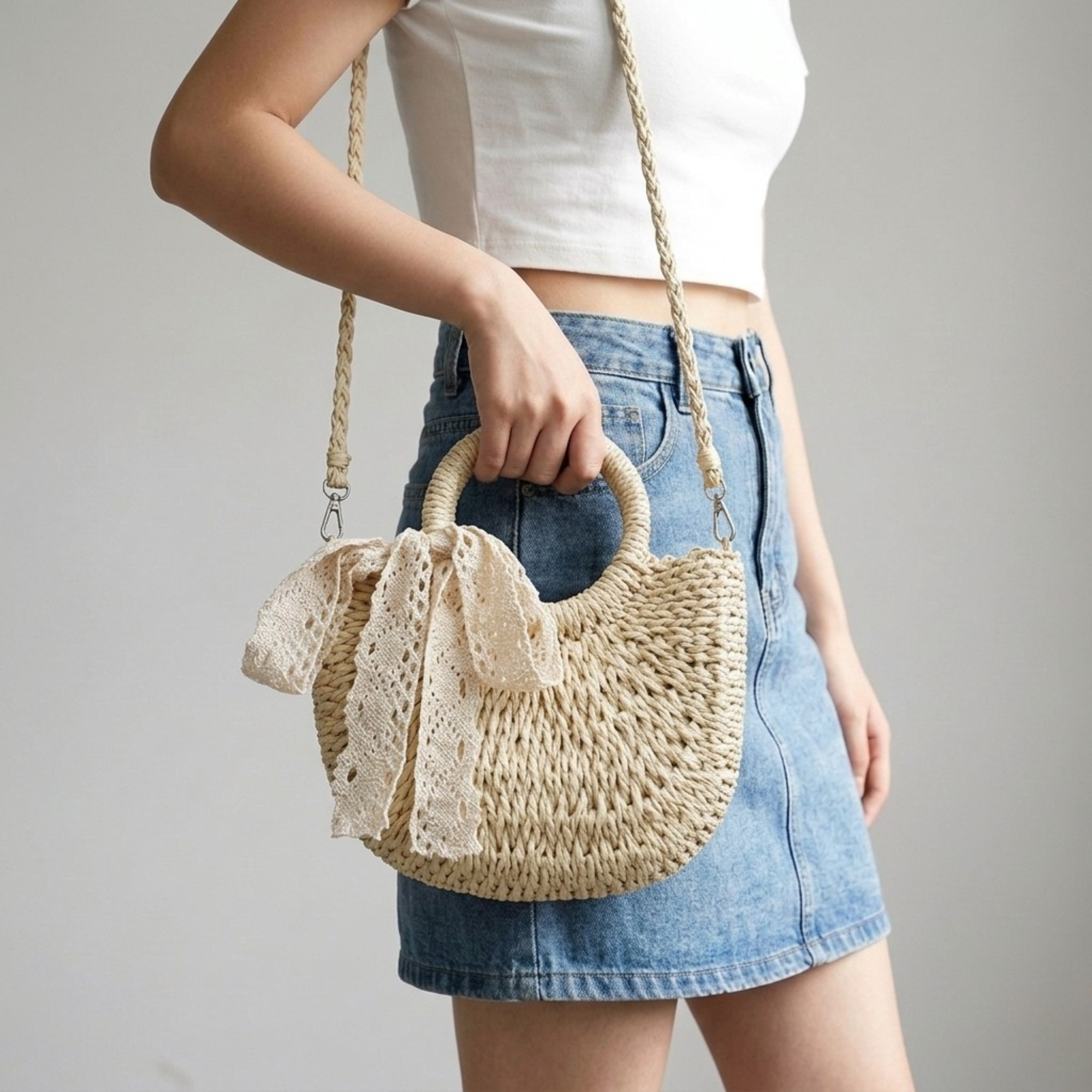 Bolso Capazo Media Luna de Rafia Bandolera Artesanal de Playa