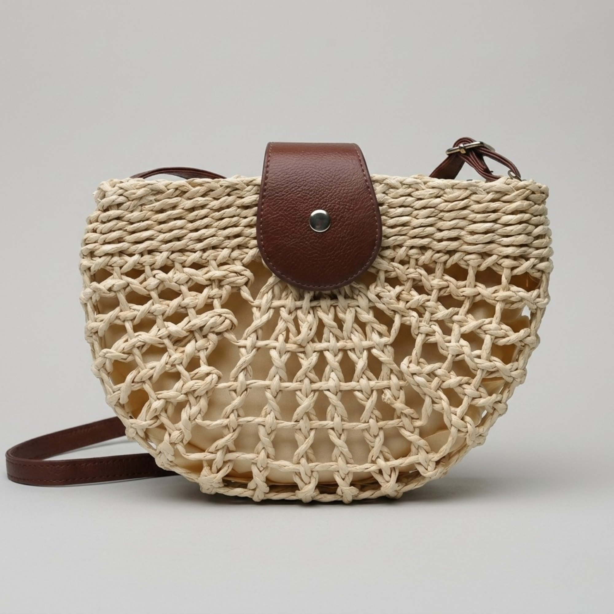 Bolso Bandolera Semicircular de Rafia Mujer de Paja Bohemio para Playa y Verano