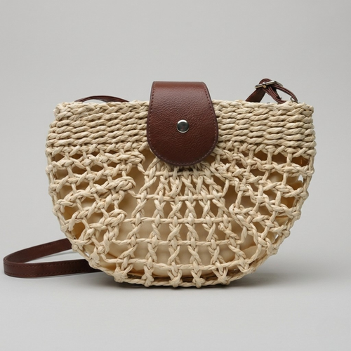 Bolso Bandolera Semicircular de Rafia Mujer de Paja Bohemio para Playa y Verano