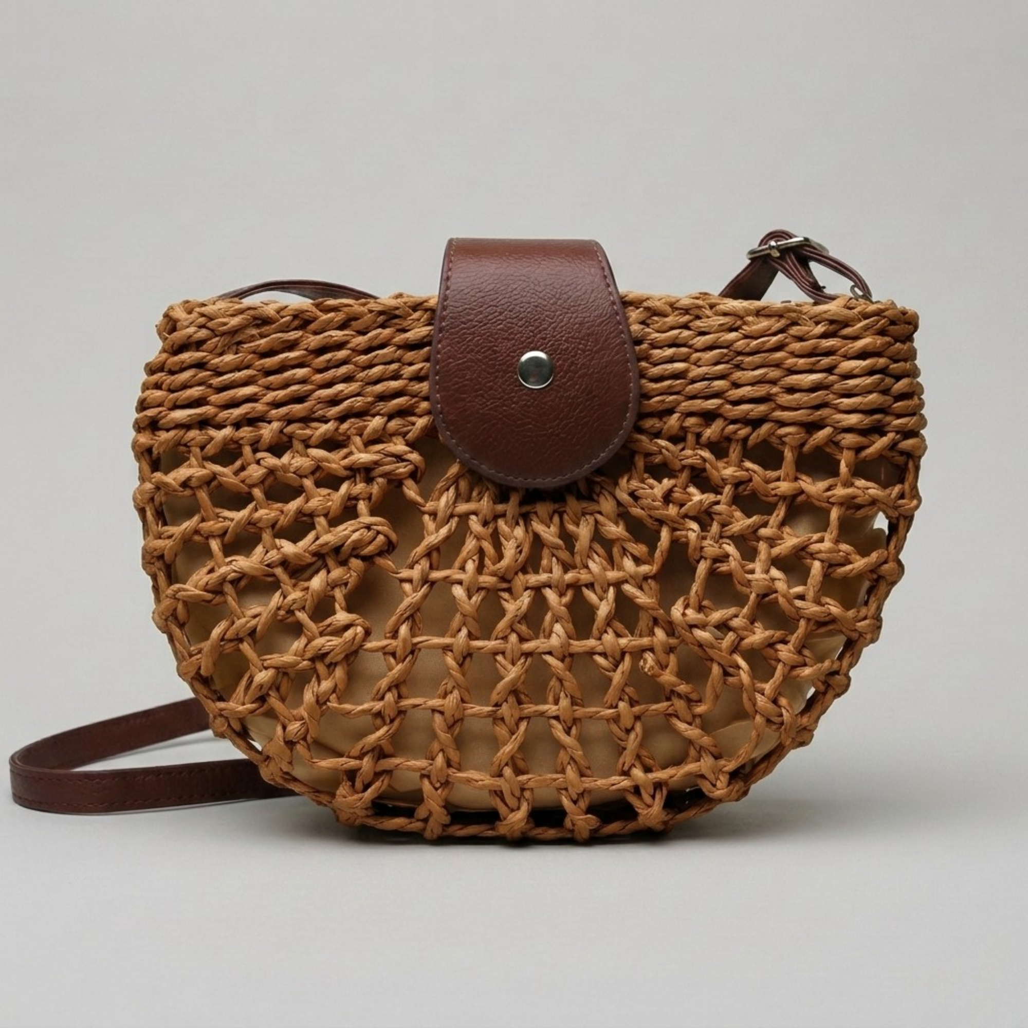 Bolso Bandolera Semicircular de Rafia Mujer de Paja Bohemio para Playa y Verano