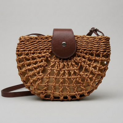 Bolso Bandolera Semicircular de Rafia y Paja Bohemio de Playa