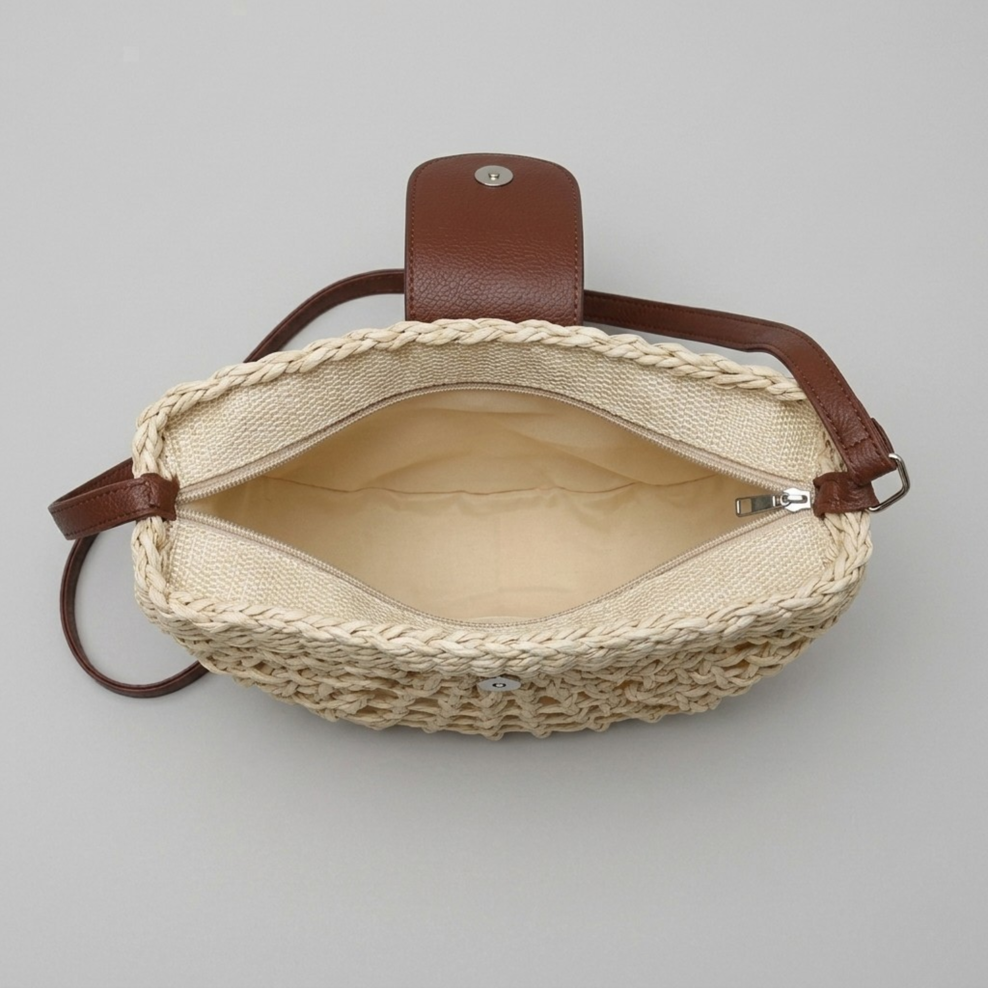 Bolso Bandolera Semicircular de Rafia Mujer de Paja Bohemio para Playa y Verano