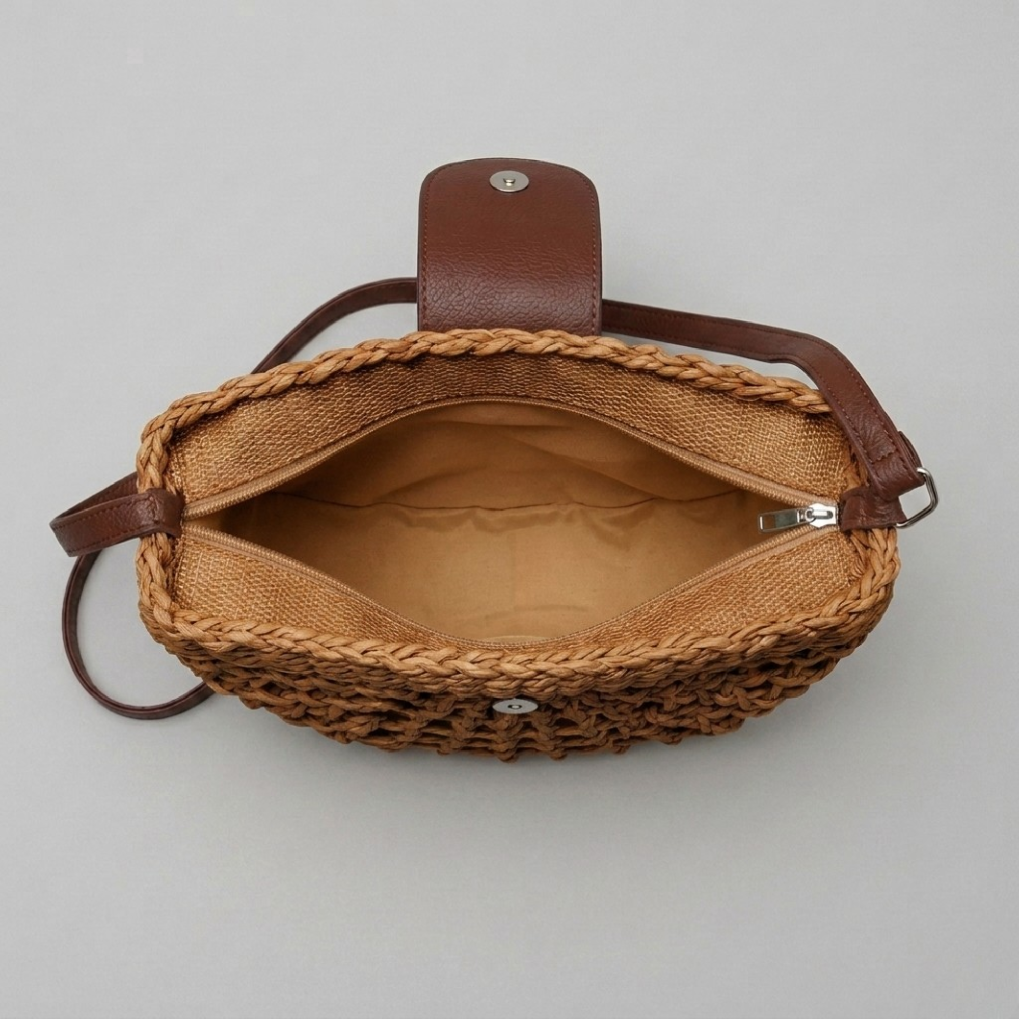 Bolso Bandolera Semicircular de Rafia Mujer de Paja Bohemio para Playa y Verano