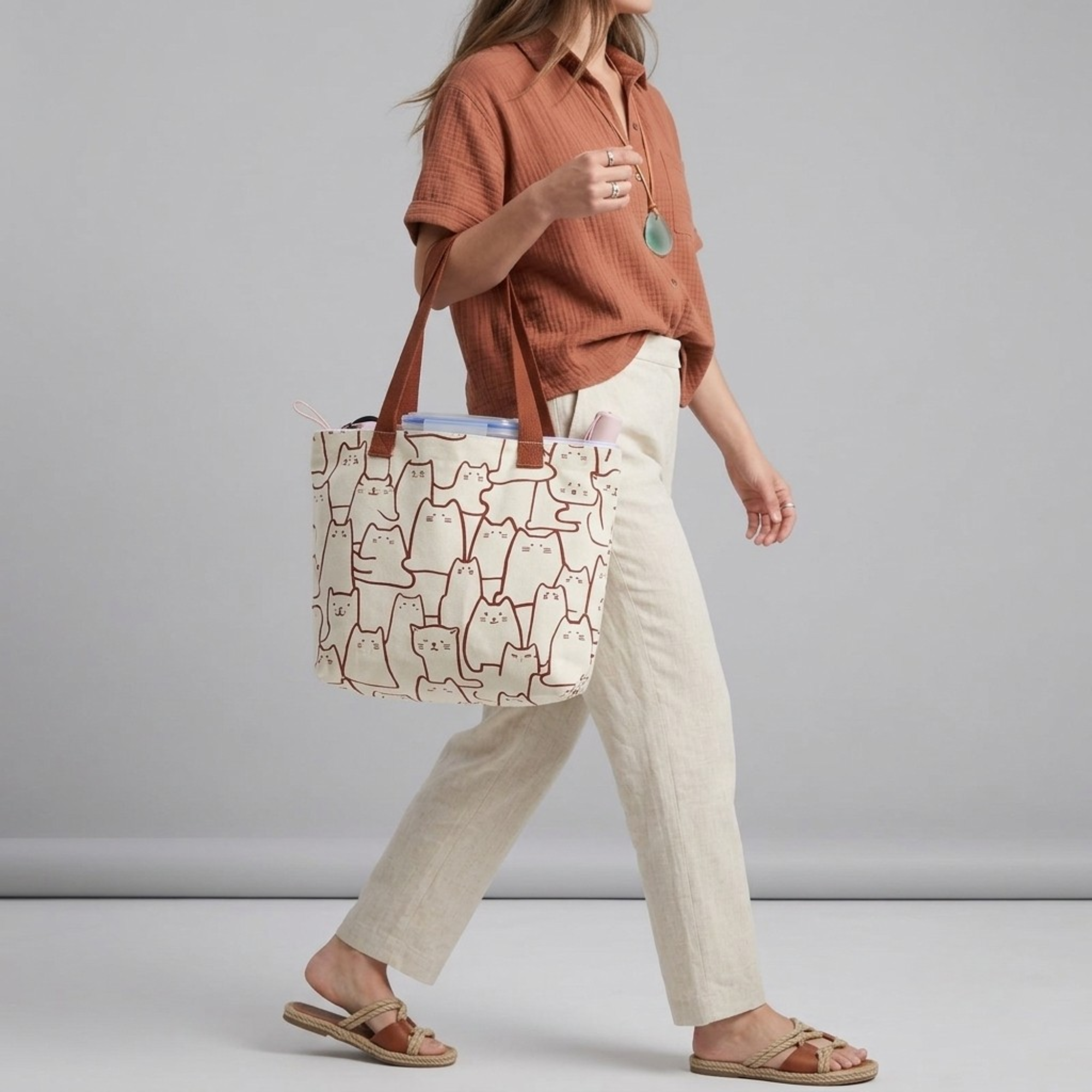 Bolso Tote de Lona Estampado de Gato Japonés