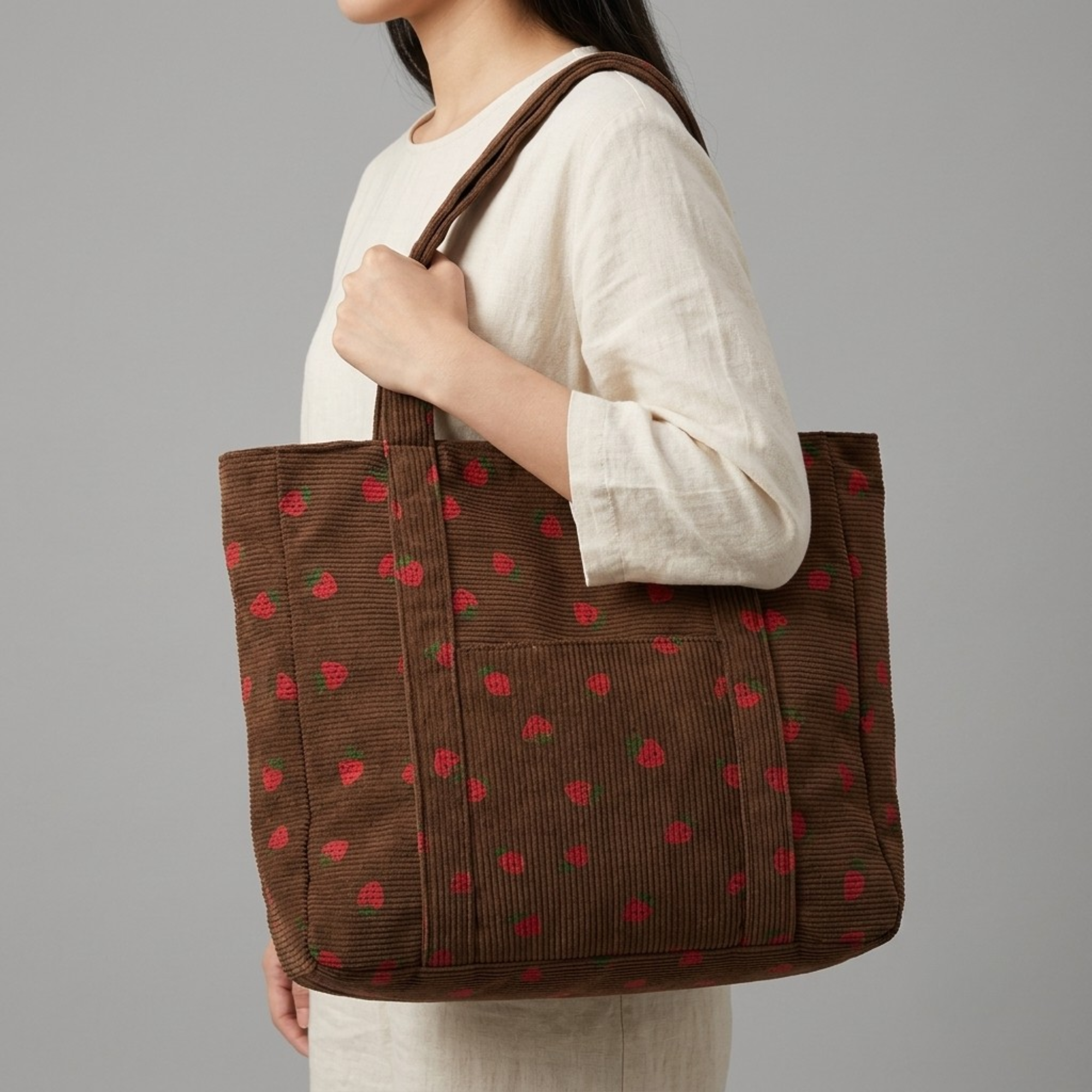 Bolso de Pana Estampado de Fresas Gran Capacidad