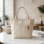 Bolso Tote de Lona Mujer Pequeño con Bolsillo Exterior y Asa
