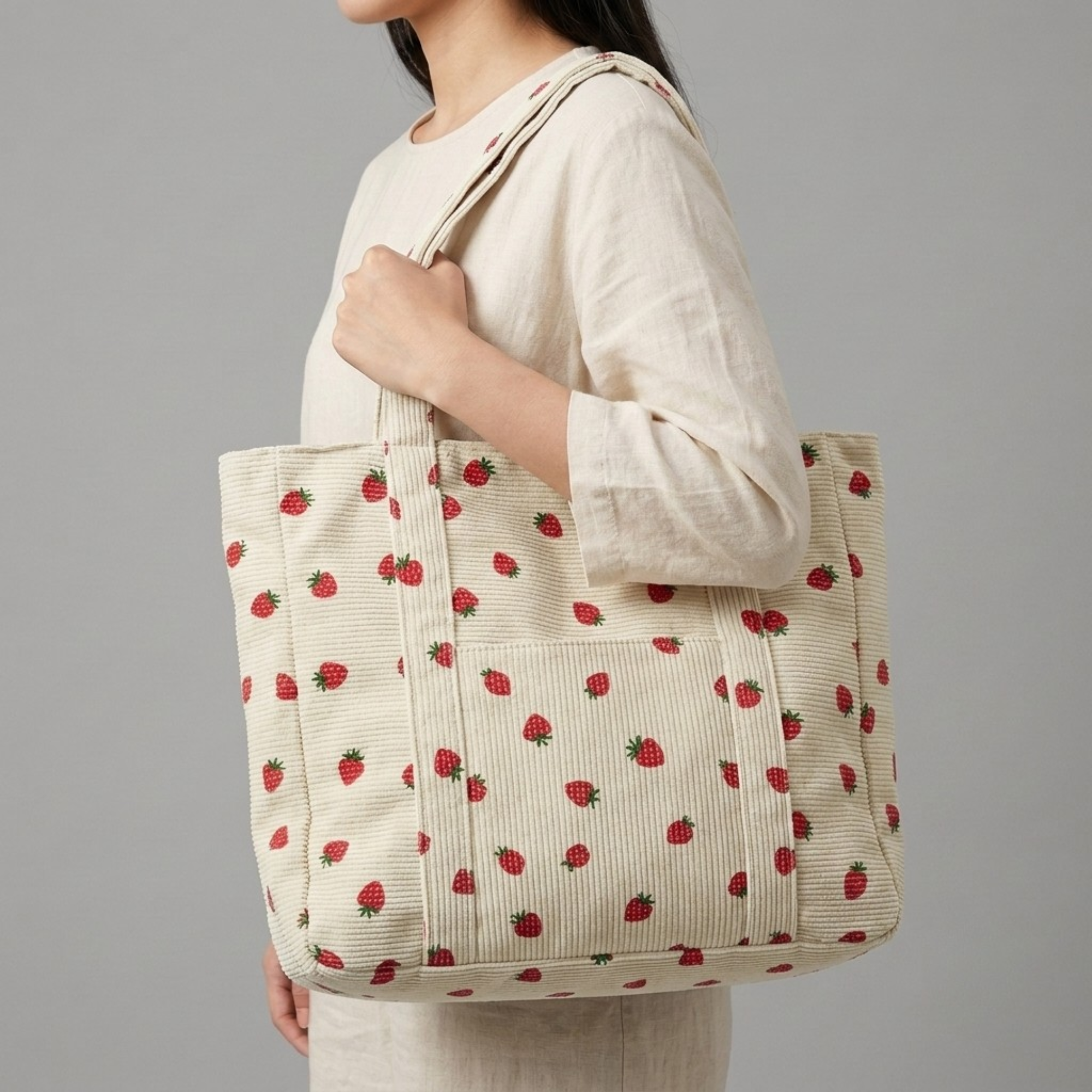 Bolso de Pana Estampado de Fresas Gran Capacidad
