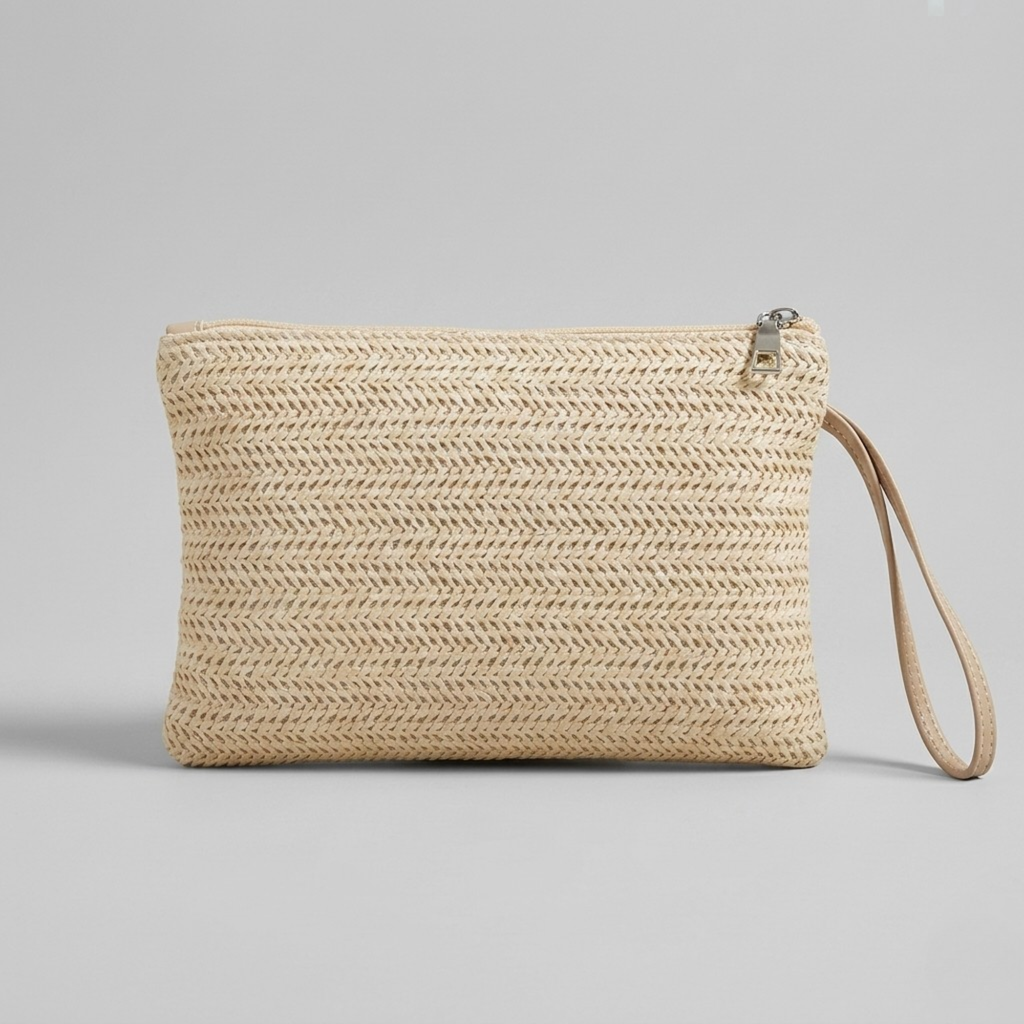 Bolso Clutch de Fiesta de Rafia Trenzada de Mano con Cremallera de Playa