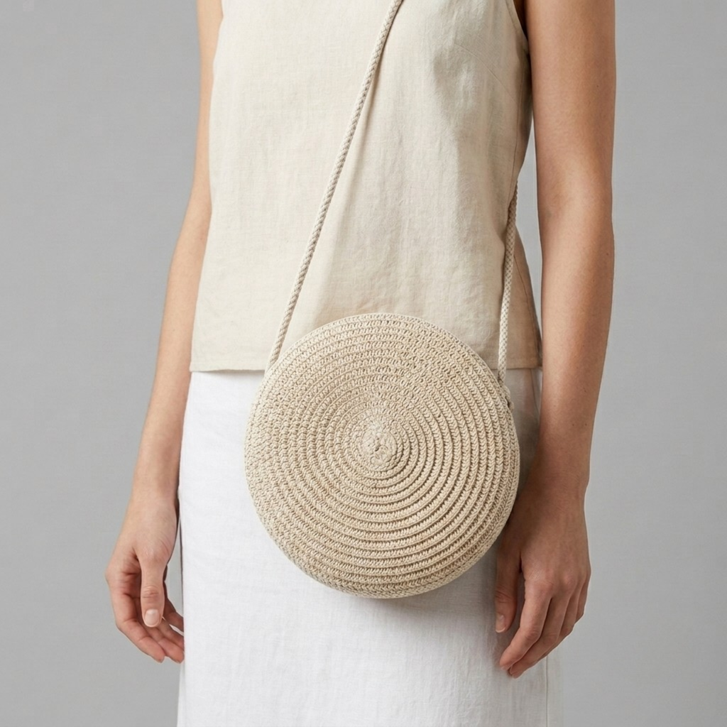 Bolso de Playa Redondo de Paja Bohemio Hecho a Mano