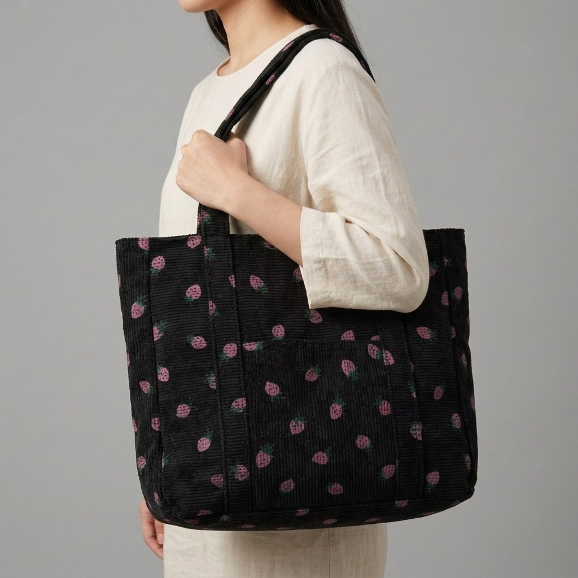 Bolso de Pana Estampado de Fresas Gran Capacidad
