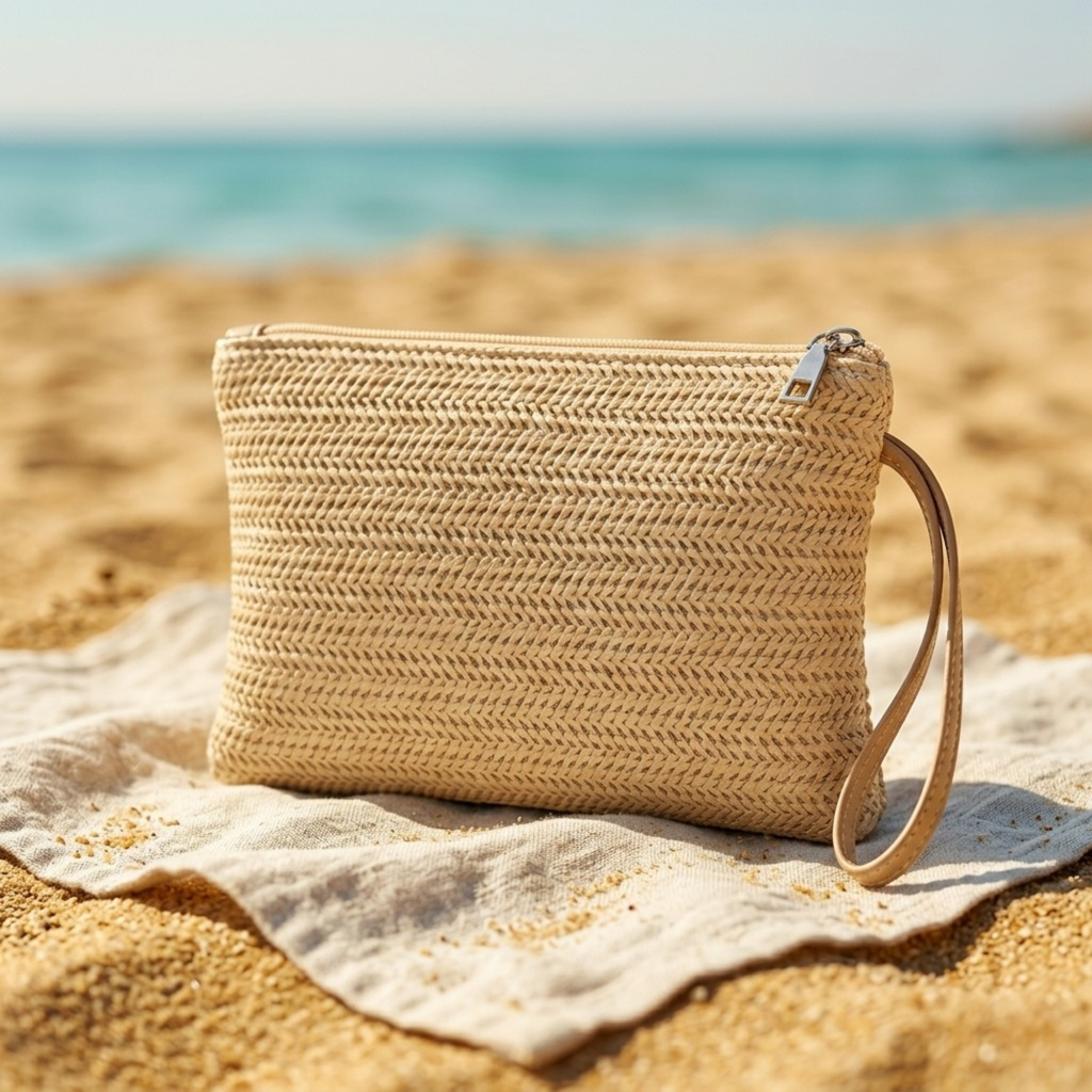 Bolso Clutch de Fiesta de Rafia Trenzada de Mano con Cremallera de Playa