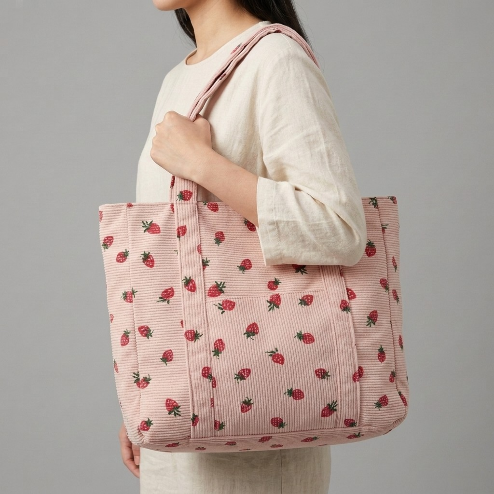 Bolso de Pana Estampado de Fresas Gran Capacidad