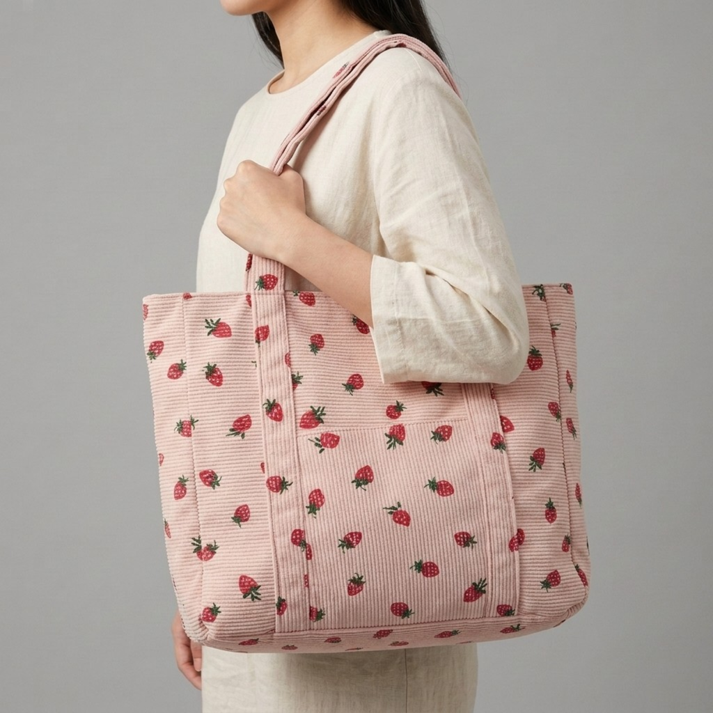Bolso de Pana Estampado de Fresas Gran Capacidad