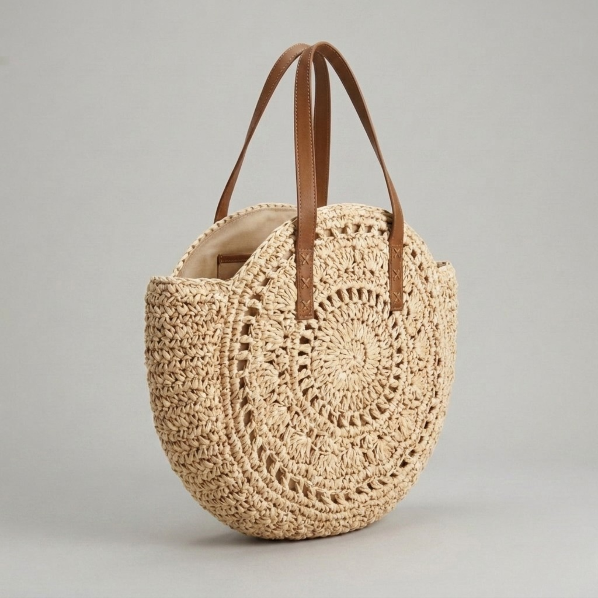 Bolso Redondo de Rafia Trenzada Mujer Capazo Circular Grande para Playa y Verano