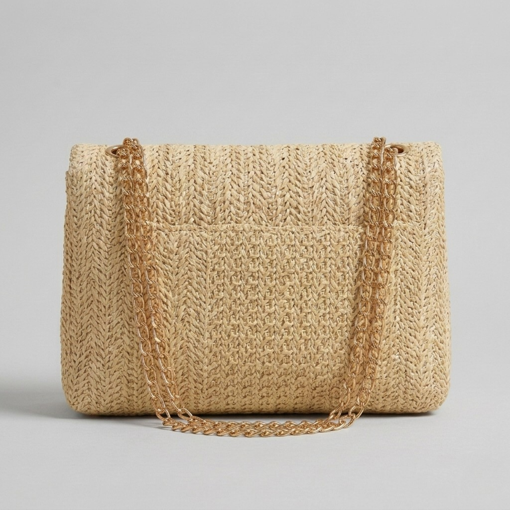 Bolso Clutch de Fiesta de Rafia Trenzada con Cadena Dorada de Playa