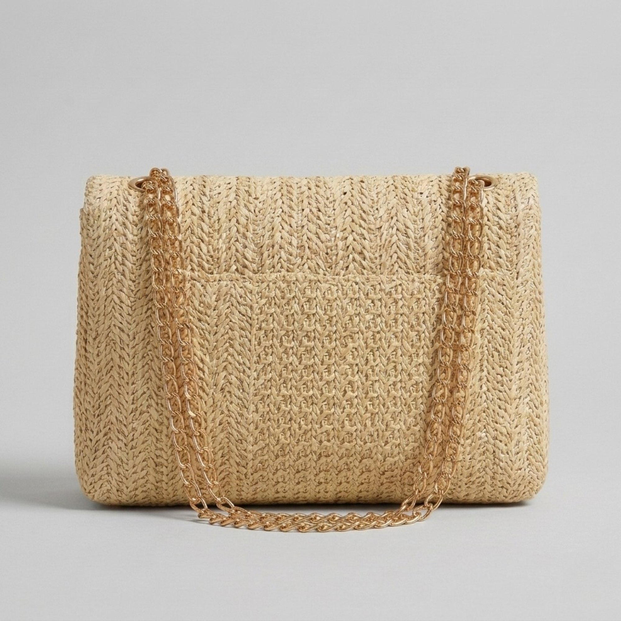 Bolso Bandolera de Rafia Trenzada Mujer con Cadena Dorada para Playa y Verano