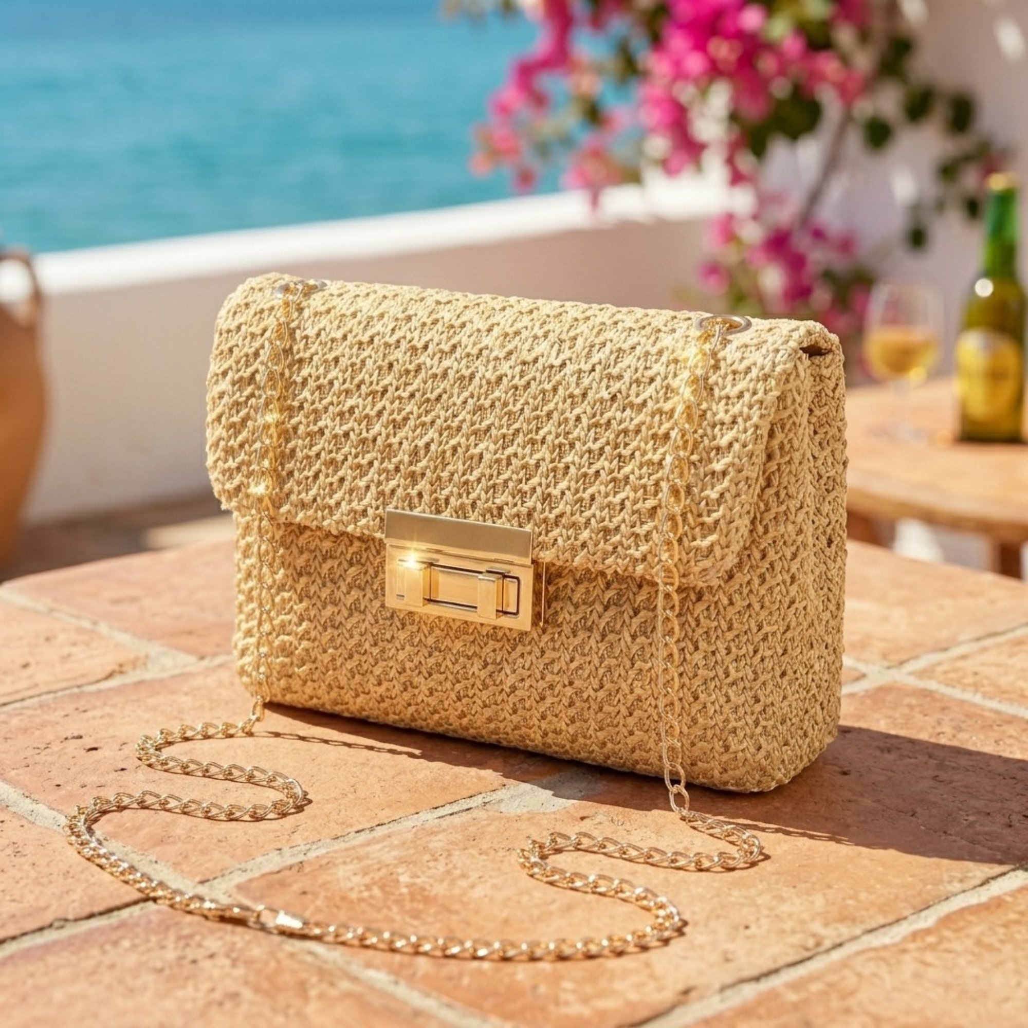 Bolso Bandolera de Rafia Trenzada Mujer con Cadena Dorada para Playa y Verano