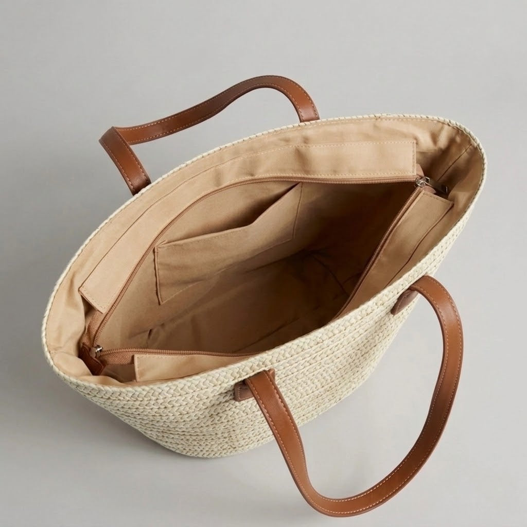 Bolso Capazo Cesta de Paja Trenzada de Rafia para Verano y Playa