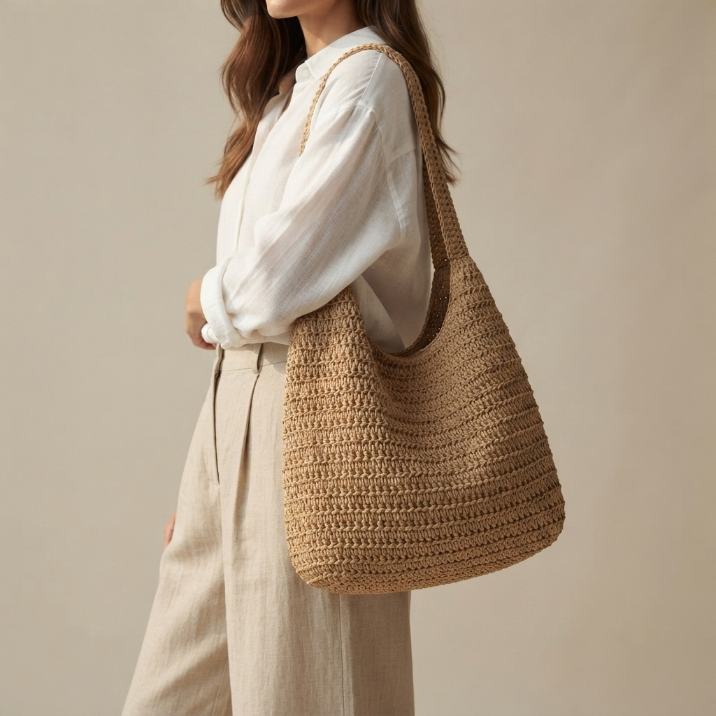 Bolso de Rafia Tejida Tipo Tote de Playa de Gran Capacidad Verano