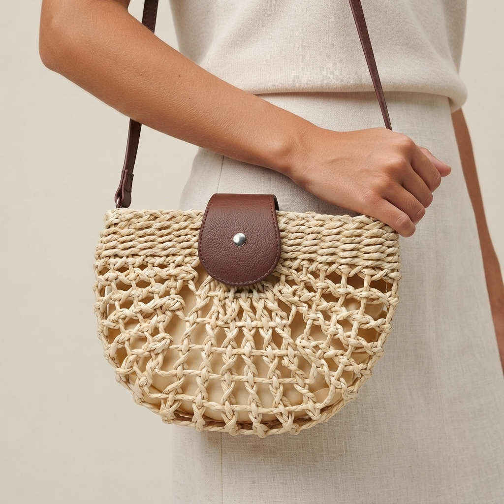 Bolso de Playa Bandolera Semicircular de Rafia y Paja Boho