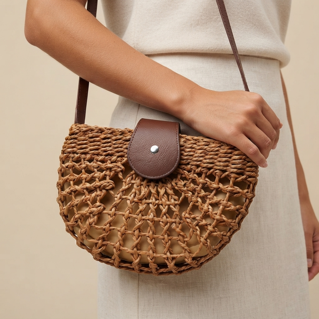 Bolso de Playa Bandolera Semicircular de Rafia y Paja Boho