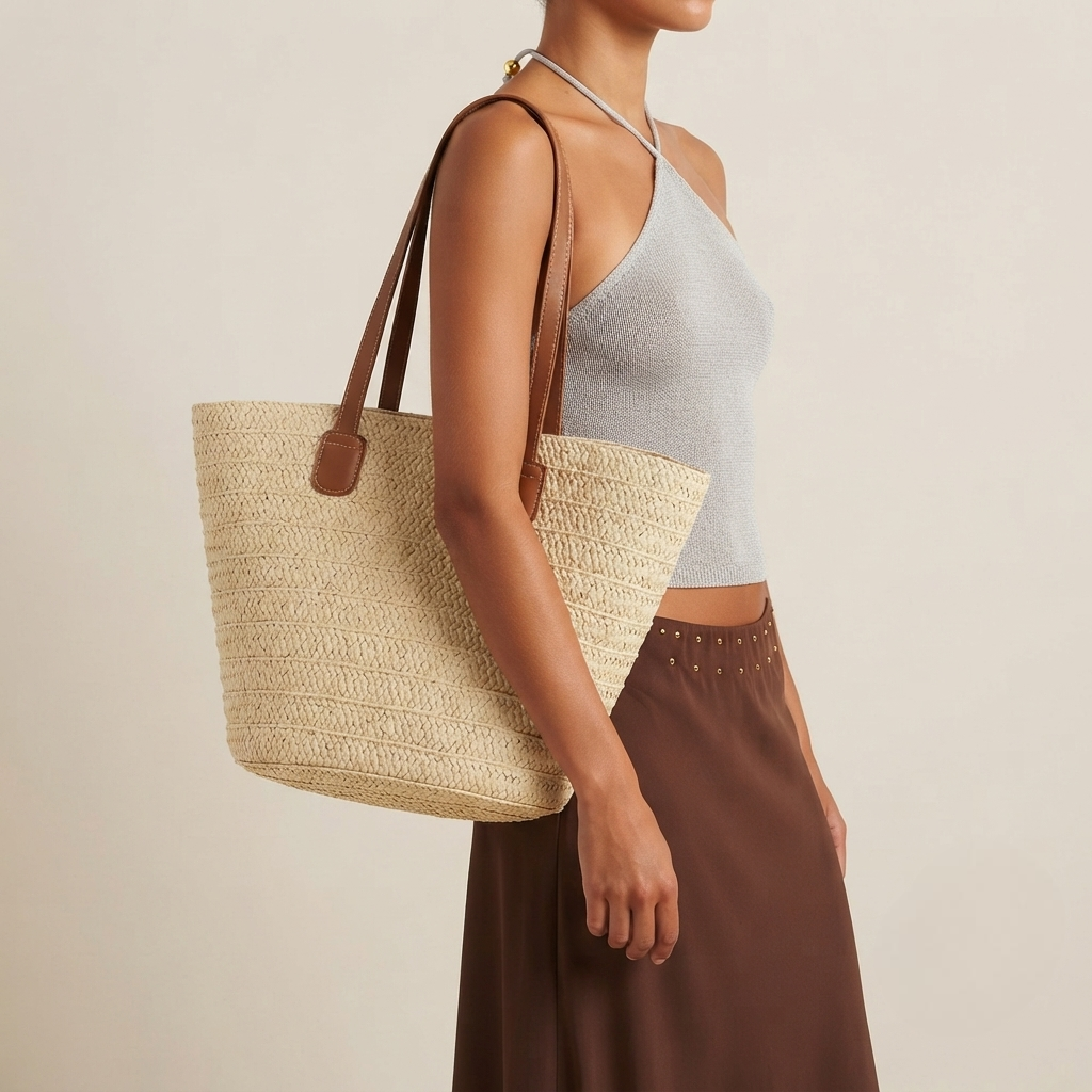 Bolso de Playa Capazo Cesta de Paja y Rafia Trenzada Grande