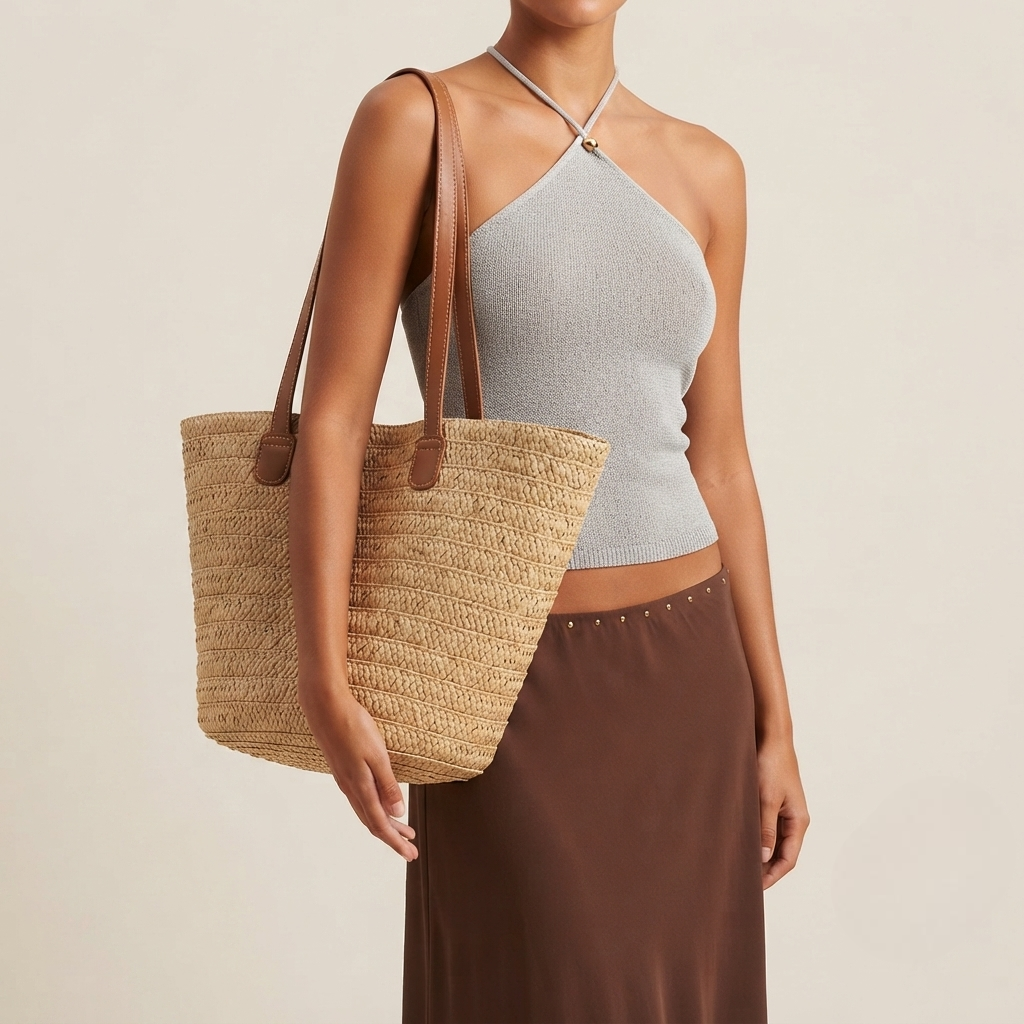 Bolso de Playa Capazo Cesta de Paja y Rafia Trenzada Grande