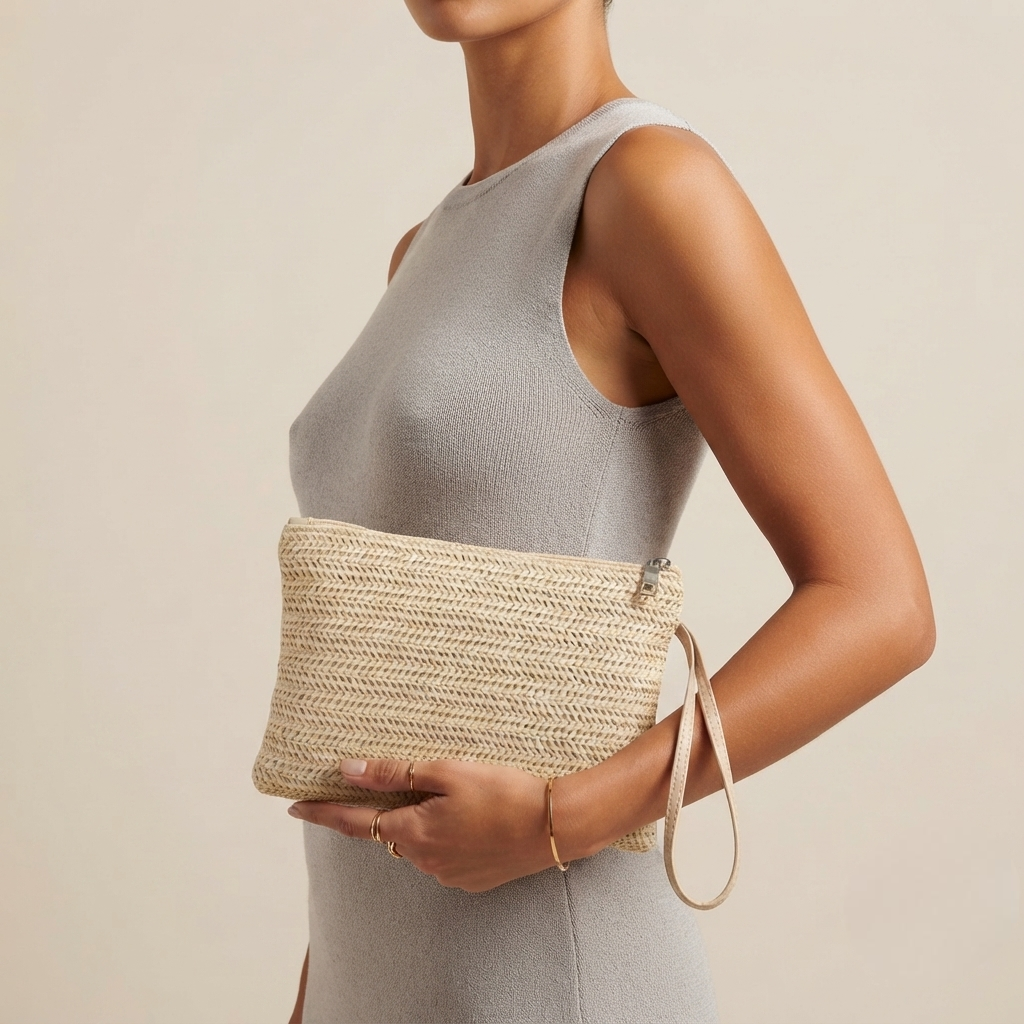 Bolso de Rafia Trenzada de Mano para Playa y Fiesta con Cremallera