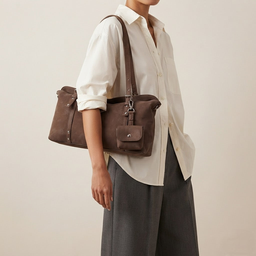 Bolso de Hombro de Mujer para el Día a Día, el Trabajo y la Ciudad, Estilo Retro en Ante