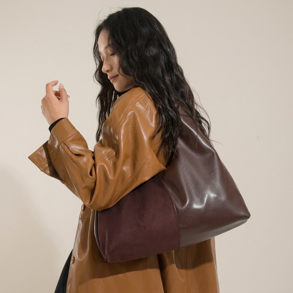 Bolso de Hombro Mediano de Mujer para el Trabajo, la Universidad y el Día a Día, Estilo Coreano en Ante