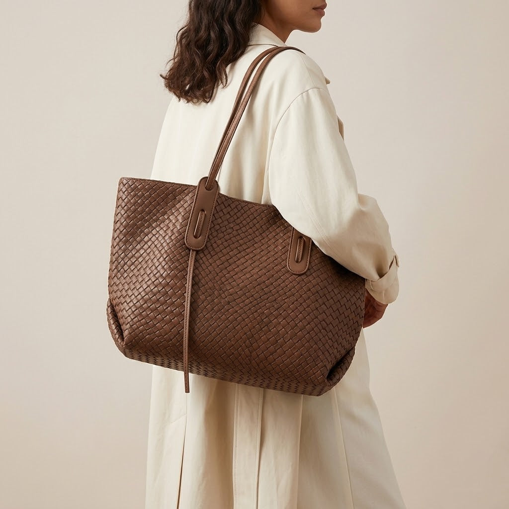 Bolso Tote de Hombro Grande de Mujer para el Trabajo, la Universidad y el Día a Día, Textura Trenzada en Polipiel