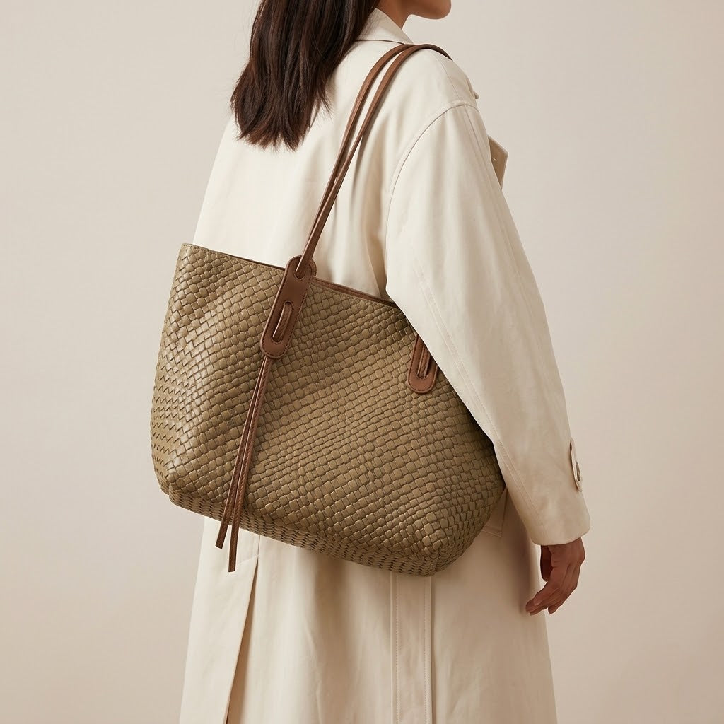 Bolso Tote de Hombro Grande de Mujer para el Trabajo, la Universidad y el Día a Día, Textura Trenzada en Polipiel