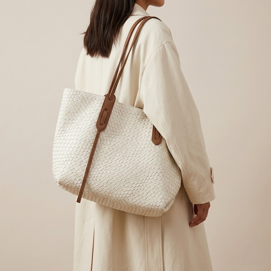 Bolso Tote de Hombro Grande de Mujer para el Trabajo, la Universidad y el Día a Día, Textura Trenzada en Polipiel